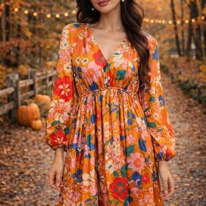 JODIFL Orange Floral Long Sleeve Maxi Dress